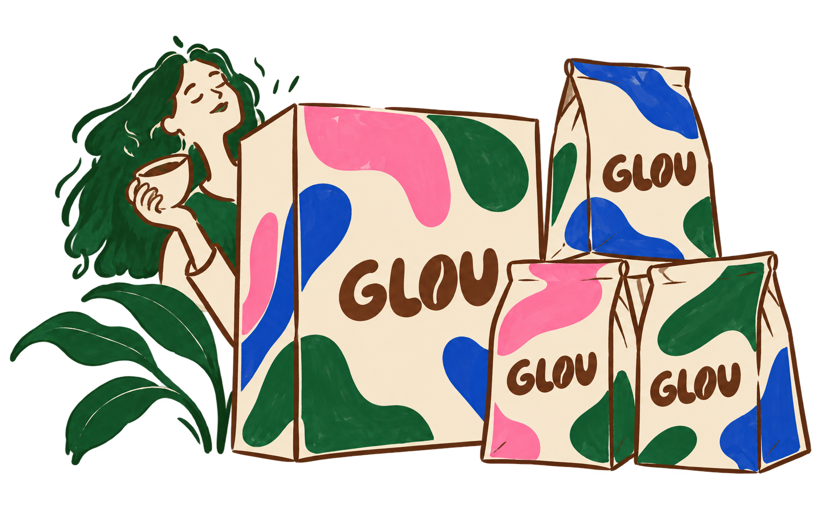 Illustration Glou : une box et trois sachets, avec un personnage tenant sa tasse