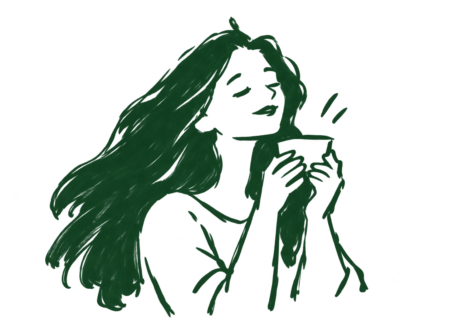 Illustration au trait d’une femme savourant une tasse de café.