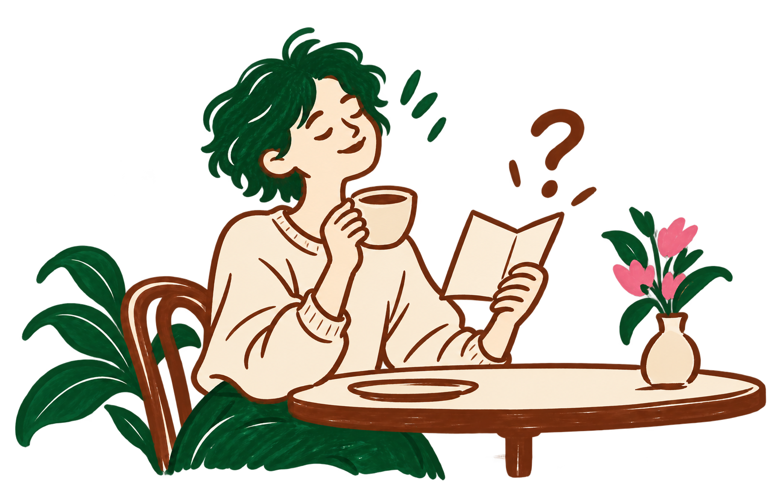 Illustration Glou : une personne savourant son café à côté des sachets de la marque
